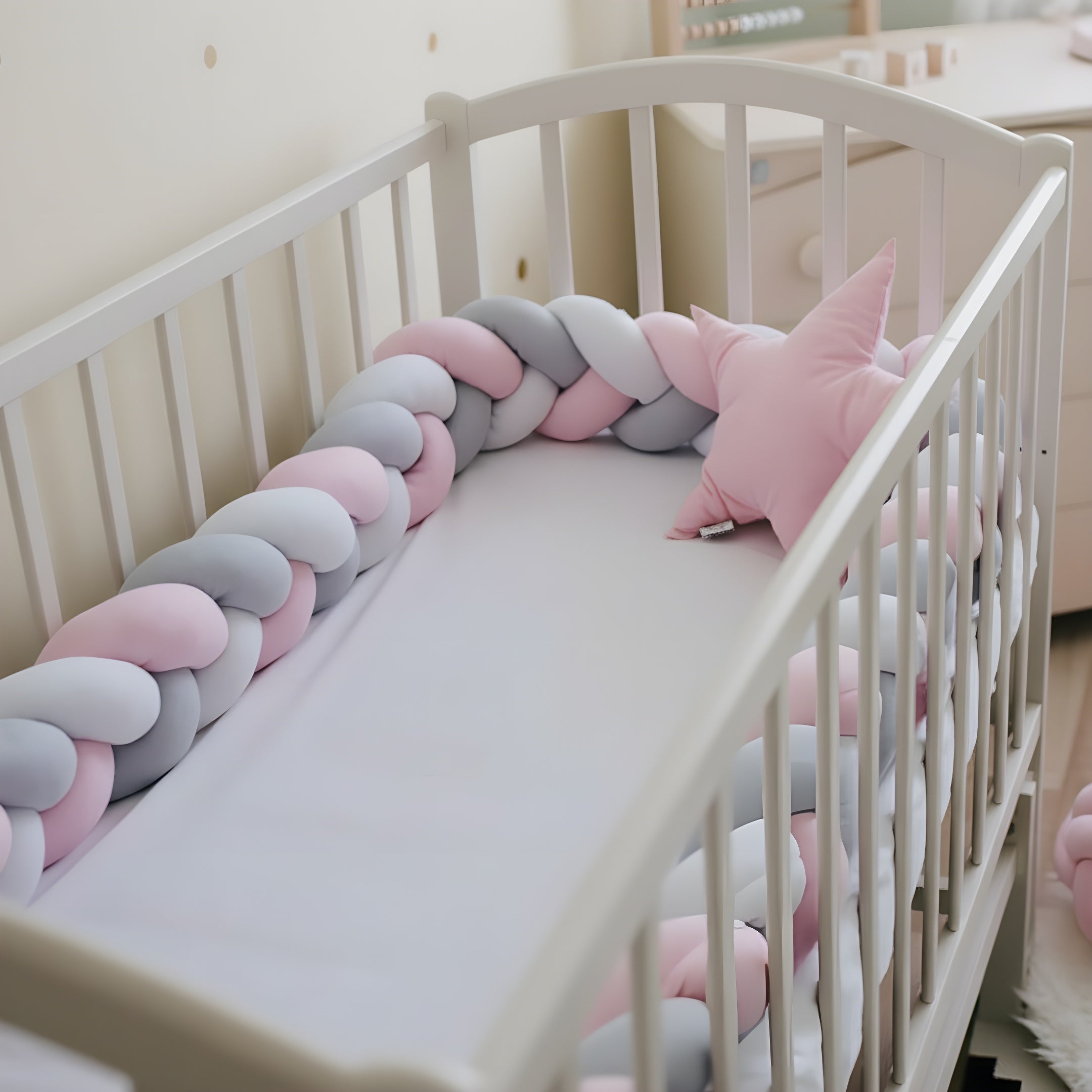🤍 Kindra SoftBraid™ – Nordic Braided Crib Guard Pillow