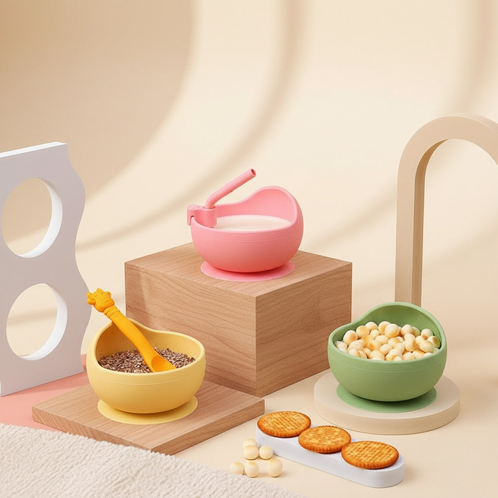 🍽 Kindra StayPut™ – Silicone Suction Bowl Set with Spoon & Straw